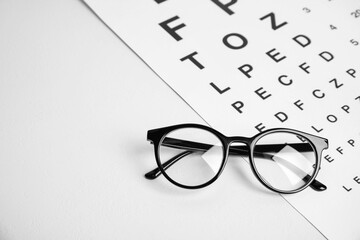 Wall Mural - Glasses and eye chart test on white table, space for text. Ophthalmologist tools