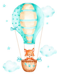 Cute little fox on blue air balloon; watercolor hand drawn illustration; can be used for kid poster or baby shower; with white isolated background