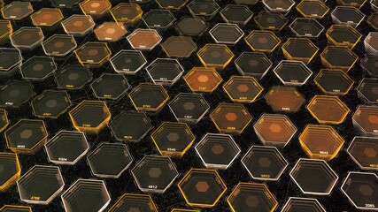 Poster - Concept of internet and computer science. Animation. Abstract technological background presented by brown and yellow rows of hexagonal shaped figures blinking on black background.