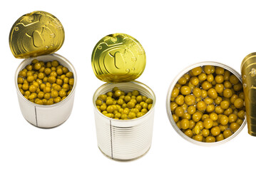 Canned food on white background. Green pea.