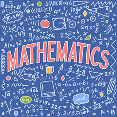 Mathematics. School subjects. Maths doodle with hand drawn lettering. 