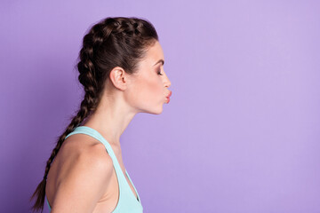 Sticker - Profile photo of flirty brown hair lady kiss empty space wear blue top isolated on pastel purple color background