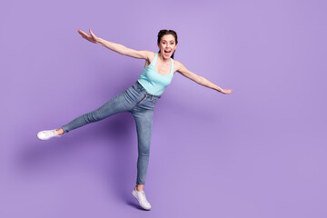 Sticker - Full length body size view of pretty cheerful carefree girl flying having fun good mood isolated over violet purple color background