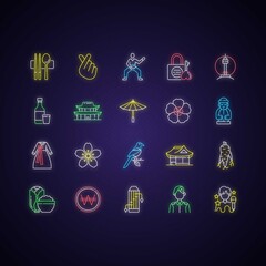 Sticker - Korea neon light icons set. N Seoul tower. Gayageum instrument, Gyeongbok palace. Sujeo utensils. Kimchi dish. K pop. Signs with outer glowing effect. Vector isolated RGB color illustrations