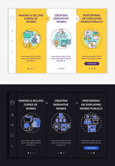 Wall Mural - Special author rights onboarding vector template. Responsive mobile website with icons. Web page walkthrough 3 step screens. Selling works copies night and day mode concept with linear illustrations