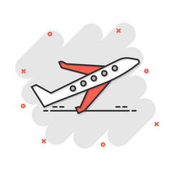 Wall Mural - Plane icon in comic style. Airplane cartoon vector illustration on white isolated background. Flight airliner splash effect business concept.