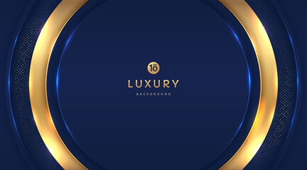 Dark navy blue and gold circle shapes on background with glowing golden striped lines and glitter. Luxury and elegant. Abstract template design. Design for presentation, banner, cover. EPS10 vector