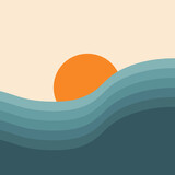Fototapeta Zachód słońca - Abstract colorful seascape illustration with blue sea waves and sun decoration at sunset