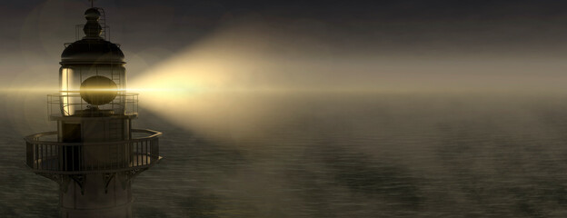 Panoramic lighthouse with its light beam shining through thick fog 3d render