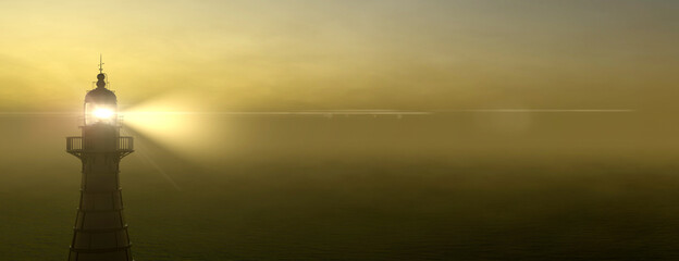 Panoramic lighthouse with its light beam shining through thick fog 3d render