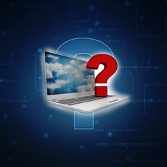 Poster - 3d rendering Computer Online Help Information Concept. Red Question Mark over Laptop Keyboard.