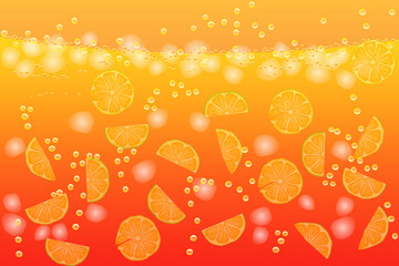 Refreshing water with lemon slices and ice cubes. Citrus lemonade background. Drink liquid pattern. Fresh lime slices in beverage with bubbles. Citron juice or mojito booze pattern.Vector illustration