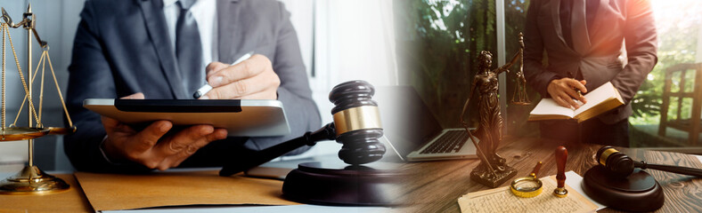 Business and lawyers discussing contract papers with brass scale on desk in office. Law, legal services, advice, justice and law concept picture with film grain effect