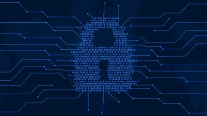 Poster - Safety technology concept - closed padlock stylized built of binary code between information connecting lines - 3D Illustration