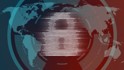Poster - Safety technology concept - closed padlock stylized built of binary code on digital background with world map - 3D Illustration