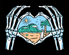Love Beach In Skull Hand Illustration