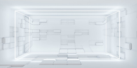 Poster - Abstract white futuristic room with bright lighting and technology concept surface 3d render illustration
