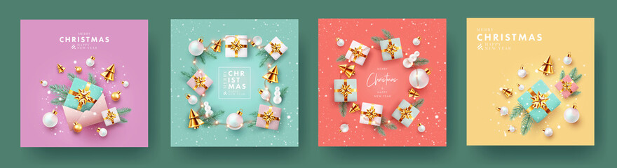 Wall Mural - xmas modern design with 3d realistic golden gift boxes, pine branches, golden conical christmas tree
