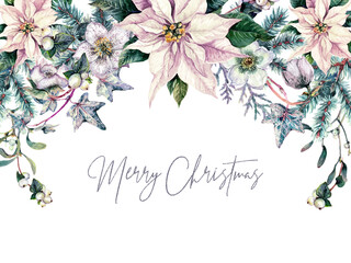 Watercolor Christmas Floral Frame Isolated on White