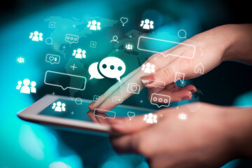 Aufkleber - Close-up of a hand using tablet, social media concept