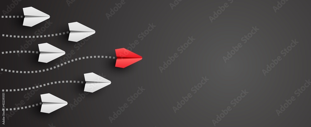 Individual red leader paper plane lead other. Business and leadership - obrazy, fototapety, plakaty 