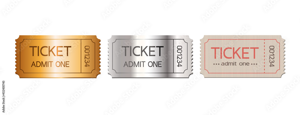 Set of vector tickets isolated on white background. Gold, silver and matte, vintage tickets. - obrazy, fototapety, plakaty 