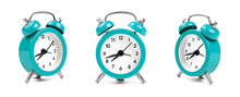 Three Teal Blue Alarm Clock Over White