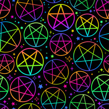 Seamless Pattern Of Neon Pentagrams On Black Background