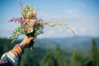 Woman traveler holding bouquet of wildflowers on background of mountains and sky. Gathering flowers