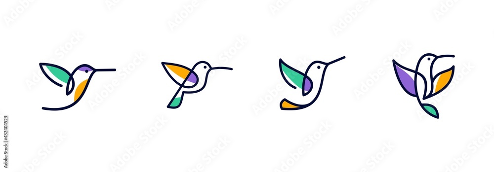 vector line art of abstract colorful hummingbird, colibri wall art design, minimal bird line logo icon illustration isolated on white background