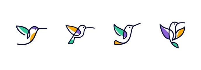 vector line art of abstract colorful hummingbird, colibri wall art design, minimal bird line logo ic