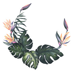 Watercolor Wreath with Strelitzia and Monstera Leaves