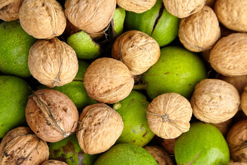 Wall Mural - Walnuts fruit food background. Heap of walnuts in shell with green pericarp, top view