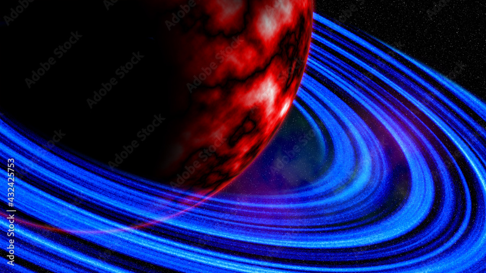 Large red planet with neon blue rings in outer space nebula with stars ...