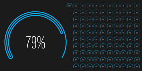 Set of circular sector arc percentage diagrams meters progress bar from 0 to 100 ready-to-use for web design, user interface UI or infographic - indicator with blue