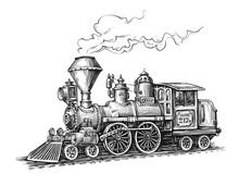 Retro Steam Locomotive Transport Sketch. Hand Drawn Vintage Vector Illustration