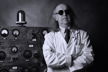 Wall Mural - Portrait of a scientist working in its laboratory, doing a physics experiment, with some vintage instruments