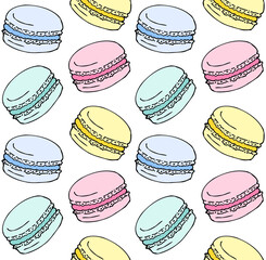 Sticker - Vector seamless pattern of hand drawn doodle sketch pastel colored macaron pie isolated on white background