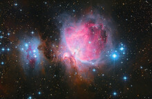 Orion Nebula In The Constellation Orion With Colorful Stars And Vibrant Colors In Space Seen Through A Telescope. M42