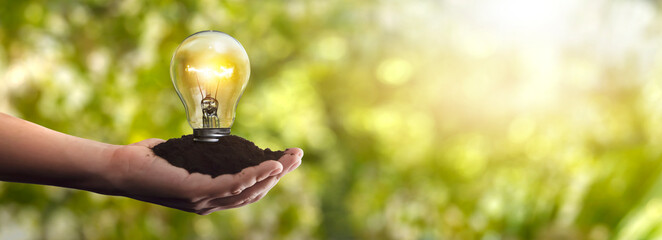 lit light bulb in a person's hand - concept of caring for the environment and sustainable energy