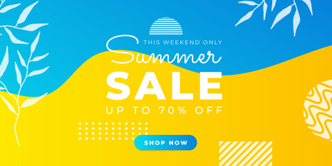 Summer Sale promo web banner. Top view on sun glasses, watermelon pieces, cocktail, smartphone, orange and seashells on wooden texture. Vector illustration with spesial discount offer.