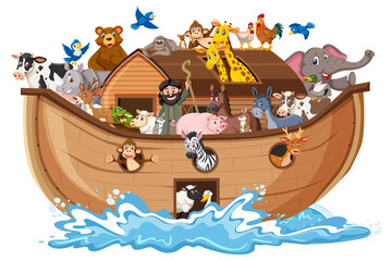 Wall Mural - Animals on Noah's ark with sea wave isolated on white background