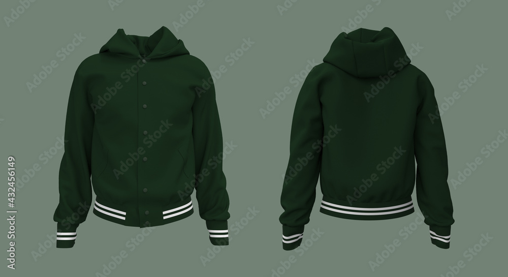 Hooded jacket mockup in front, side and back views. 3d illustration, 3d rendering - obrazy, fototapety, plakaty 