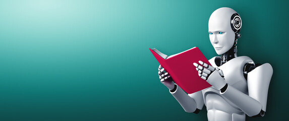 Poster - 3d illustration of robot humanoid reading book in concept of future artificial intelligence and 4th 