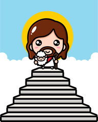 Wall Mural - cute jesus cartoon vector design is on the stairs with a sheep