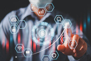 Aufkleber - Businessman or trader is showing a growing virtual hologram stock. , planning and strategy, Stock market, Business growth, progress or success concept. , invest in trading.