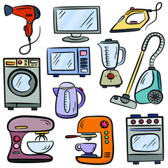 Vector set with hand drawn isolated colored doodles of home appliances on white color.