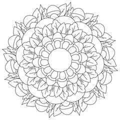 simple outline mandala with mushrooms and leaves coloring page on forest theme