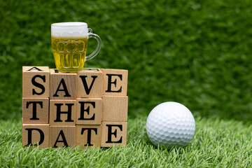 Wall Mural - Golf Save the Date for Party Invitation with golf ball and beer on green background