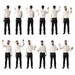 © sharplaninac - Set of back and front view of business man doing various touch screen interaction gestures. Full body isolated on white background.